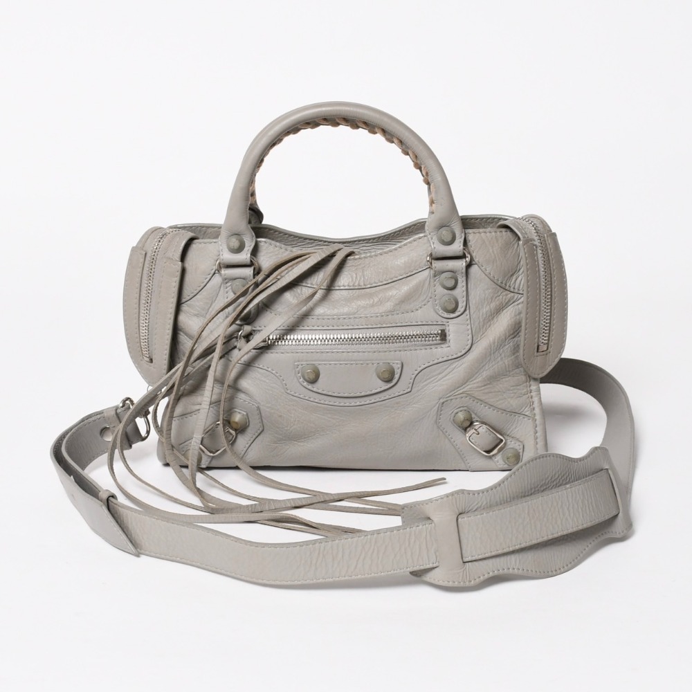 BALENCIAGA バレンシアガ クラシック ミニ シティ 2WAY ショルダーバッグ 300295 ロゴ グレー シルバー金具 美品 中古 4a005801｜Warashibe_Casanova