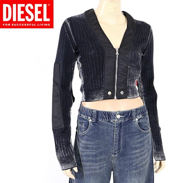 ディーゼル（DIESEL）レディース 訳あり 長袖カーディガン ブラック系 　補修必要品 異素材切替デザインリブショートニットカーディガン （サイズ/M）*al0013