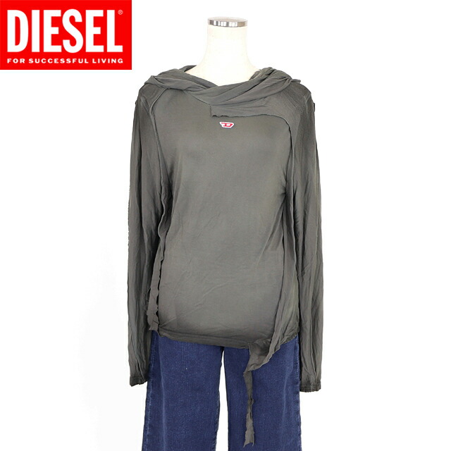 ディーゼル（DIESEL）レディース 訳あり 長袖プルオーバー カーキ系  T-AGO D尖んがりボンネット付き添い人アシメデザインロンT （大きさ/XS/S）*al0054