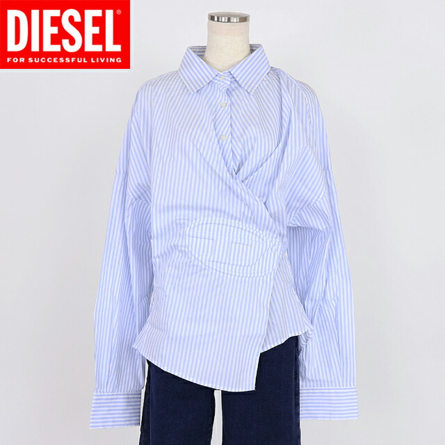 ディーゼル（DIESEL）レディース 訳あり 長袖ブラウス ブルー系 　C-SIZ-N2 Dポイントデザインウエストシェイプブラウス （サイズ/44）*al0056
