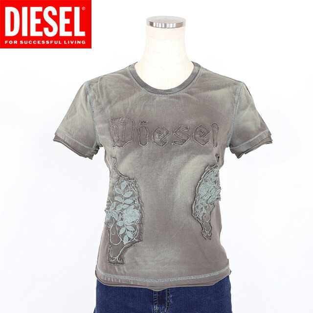 ディーゼル（DIESEL）レディース 訳あり 半袖プルオーバー カーキ系 刺しゅう×ロゴタイプミリタリープルオーバー （大きさ/S/M）*al0073