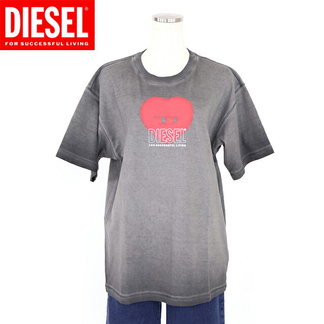 ディーゼル（DIESEL）レディース 訳あり 半袖Tシャツ グレー系 ハート×ロゴプリントウオッシュTシャツ （サイズ/XS）*al0076