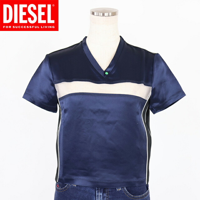 ディーゼル（DIESEL）レディース 訳あり 半袖プルオーバー 米国海軍系 T-RACE 前胸部メッシュうつり変わりパイピングバイカラー半袖トップス （大きさ/38）*cl0016