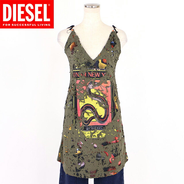 ディーゼル（DIESEL）レディース 訳あり 衣装 遊撃手 カーキ系 CL-D-JENA-DEV-SNAKE ダメージデザインキャミワンピース （大きさ/M）*cl0029