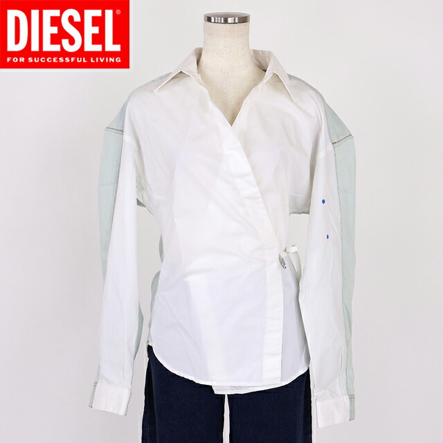 ディーゼル（DIESEL）レディース 訳あり 長袖ブラウス ホワイト系 C-DELPHI-DEN デニム切替カシュクールデザインブラウス （サイズ/38/40/42）*cl0047｜インポートショップｅウエアハウス