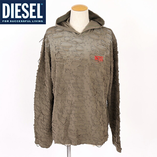 ディーゼル（DIESEL）メンズ 訳あり Tシャツ 長袖 カーキ系 T-CRANE-LS-HOOD ダメージデザインフーディ （サイズ/M）*cm0047｜インポートショップｅウエアハウス 15,096円