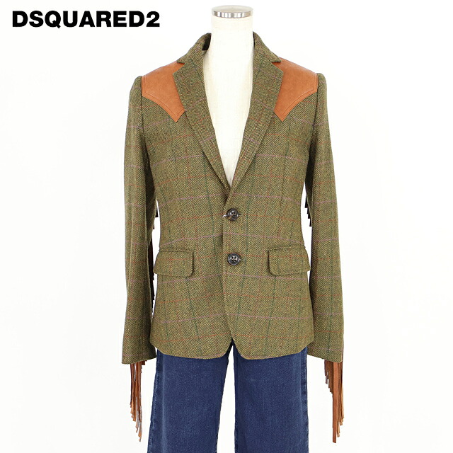 ディースクエアード(DSQUARED2)レディース テーラードジャケット グリーン系 ヘリンボーン×レザー切替デザインウールジャケット イタリア製 (サイズ/38)*ds0006