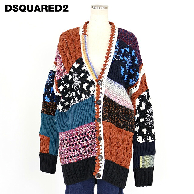 ディースクエアード（DSQUARED2）レディース 長袖ジレー マルチ色つや系  パッチワーク風オーバーニットカーディガン イタリア製 （大きさ/L）*ds0015