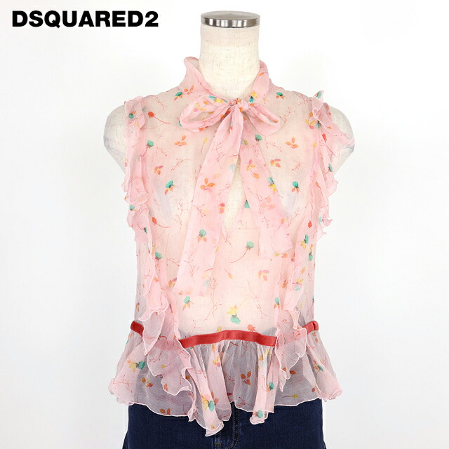 ディースクエアード（DSQUARED2）レディース ノースリーブブラウス ピンク系 　シルク100％ ウエストパイピング切替ボタニカル柄ボータイブラウス イタリア製 （サイズ/36/38）*ds0021