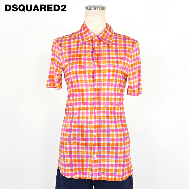 ディースクエアード（DSQUARED2）レディース 半袖ブラウス ピンク系  チェック柄タイトブラウス イタリア製 （サイズ/XS/S）*ds0024