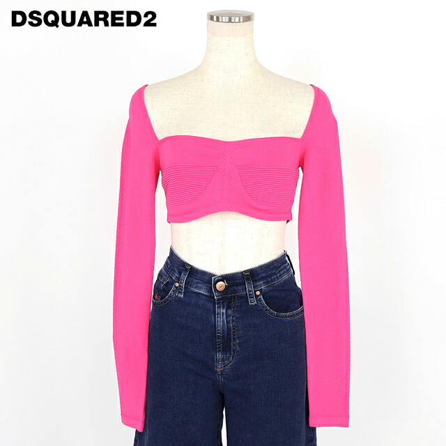 ディースクエアード（DSQUARED2）レディース 長袖編み物 真四角のど首 サクラ色系  スクエアネッククロップ丈ニットトップス イタリア製 （大きさ/XS）*ds0035