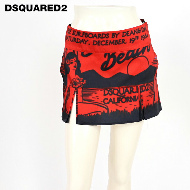 ディースクエアード（DSQUARED2）レディース ミニスカート 赤いこと系  刷り上げる柄裾プリーツスリットミニスカート イタリア製 （大きさ/36/38）*ds0038