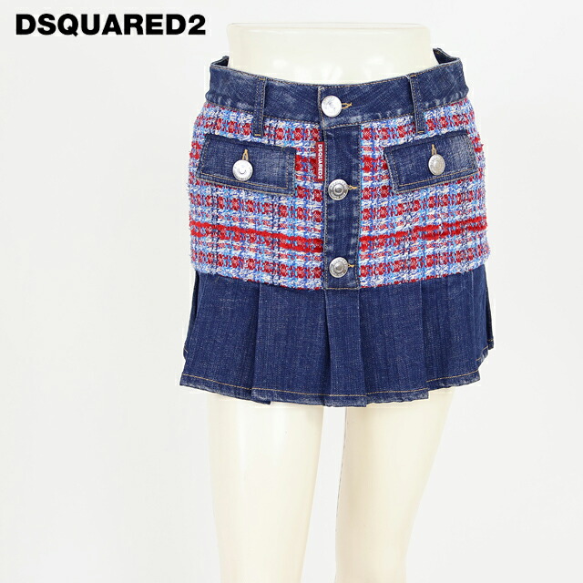 ディースクエアード（DSQUARED2）レディース ミニスカート ブルー系 　ツイード切替デニムミニスカート イタリア製 （サイズ/36/38/40）*ds0041