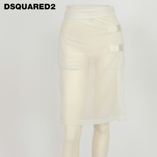 ディースクエアード（DSQUARED2）レディース ひざ丈スカート ホワイト系 　シースルー デザインロングスリットスカート イタリア製 （サイズ/38）*ds0050