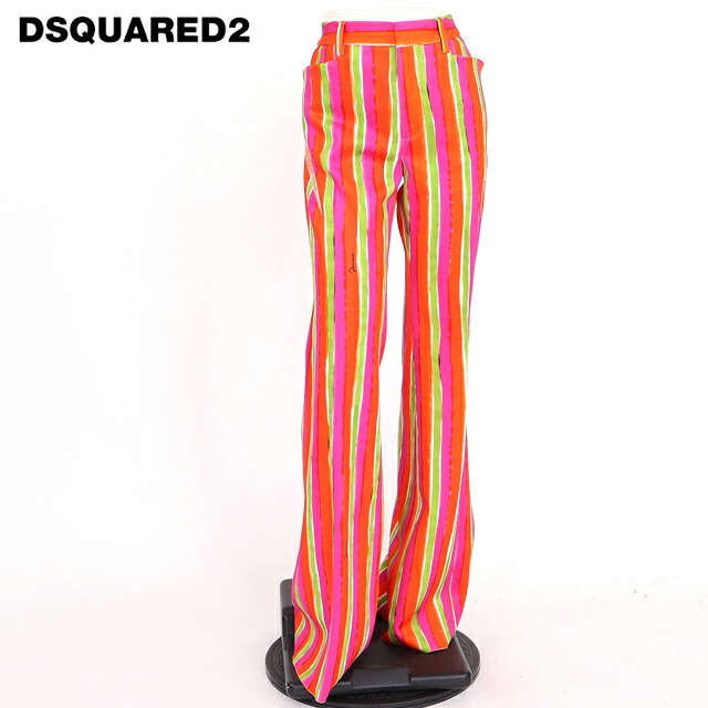 ディースクエアード（DSQUARED2）レディース ロングズボン下 マルチ色合い系  サイドチュールデザインストライプ柄ブーツカットパンツ イタリア製 （大いさ/36/38）*ds0106