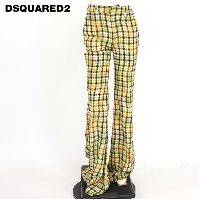 ディースクエアード（DSQUARED2）レディース ロングパンツ グリーン系 　チェック柄フレアパンツ イタリア製 （サイズ/36）*ds0110