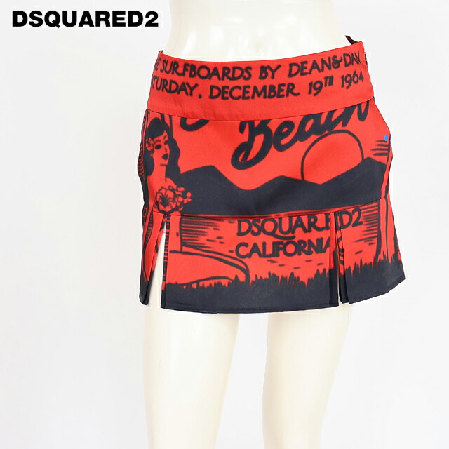 ディースクエアード（DSQUARED2）レディース ミニスカート 赤いこと系  刷り上げる柄裾筋目ミニスカート イタリア製 （大きさ/36）*ds0115