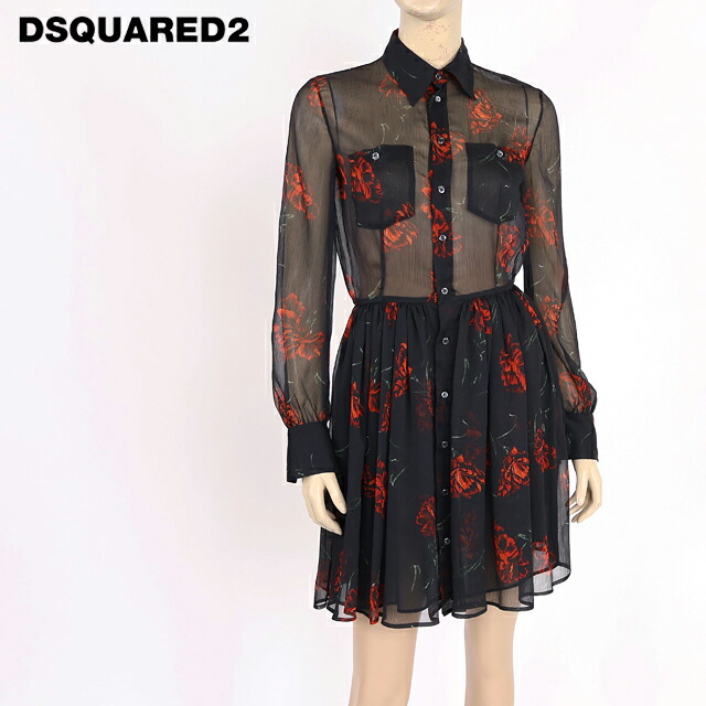 ディースクエアード（DSQUARED2）レディース 衣装 並み並み 黒いこと系  ボタニカル柄シホンワンピース イタリア製 （大いさ/36）*ds0124 ワンピース-レディースファッション