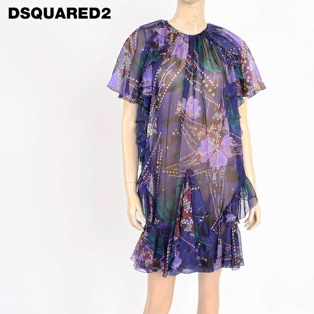 ディースクエアード（DSQUARED2）レディース 衣装 並み並み 青色系  フラウンスうつり変わりうつり変わり一点×ボタニカル柄シフォン衣装 イタリア製 （大いさ/38）*ds0128 レディースファッション-ワンピース