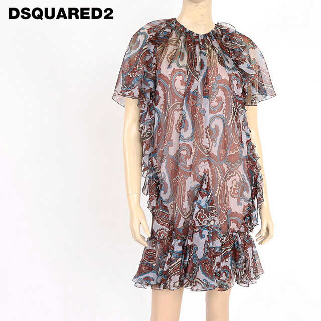 ディースクエアード(DSQUARED2)レディース ワンピース ミディアム ブラウン系 フリル切替ペイズリー柄シフォンワンピース イタリア製 (サイズ/38)*ds0129|インポートショップeウエアハウス
