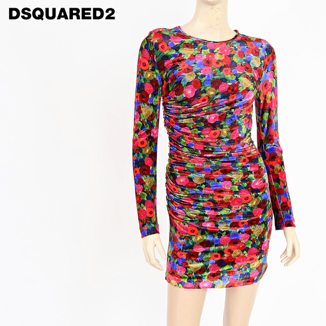 ディースクエアード（DSQUARED2）レディース ワンピース ミディアム マルチカラー系 　総柄サイドギャザータイトワンピース イタリア製 （サイズ/XS）*ds0130