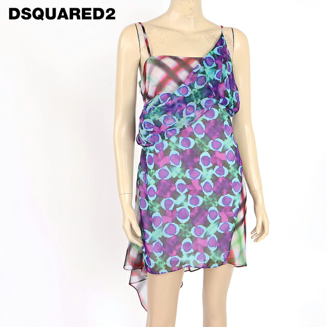 ディースクエアード（DSQUARED2）レディース 御召しもの マルチ色つや系  アシメデザインプリントシフォンワンピース イタリア製 （大きさ/40）*ds0154
