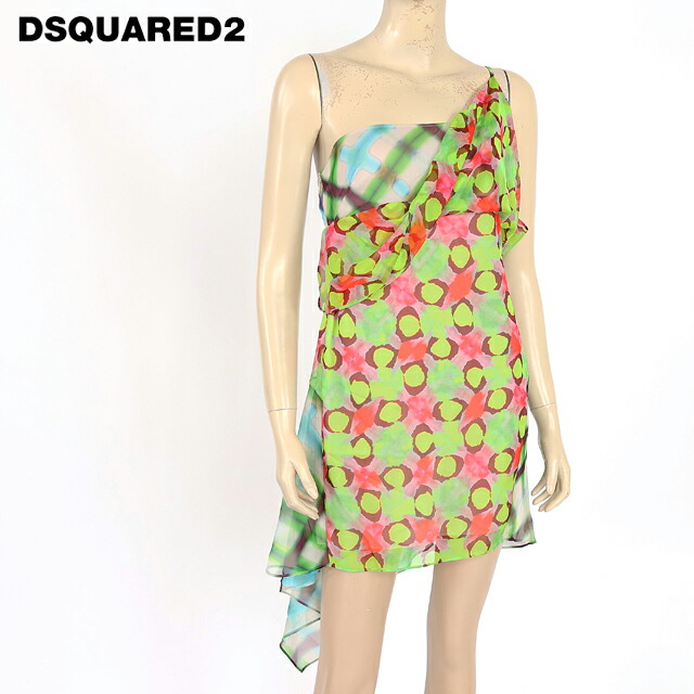 ディースクエアード（DSQUARED2）レディース 御召しもの マルチ色つや系  アシメデザインプリントシフォンワンピース イタリア製 （大きさ/36/38/40）*ds0155