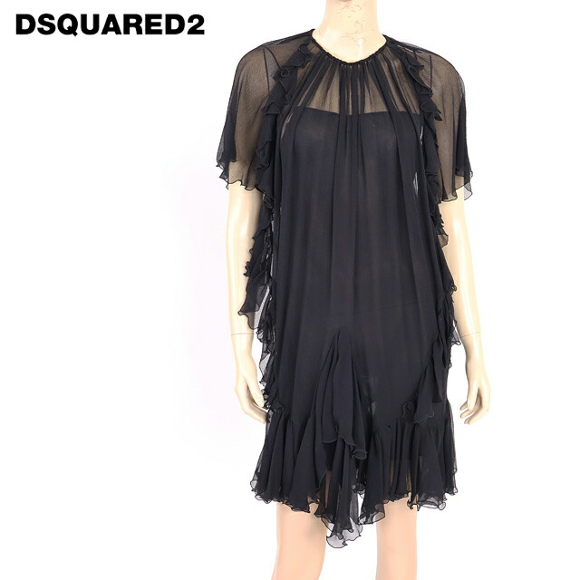 ディースクエアード（DSQUARED2）レディース 御召しもの 黒いこと系  フラウンスうつり変わりアシメシルクワンピース イタリア製 （大きさ/40）*ds0163