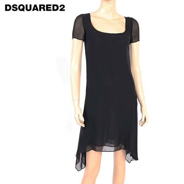 ディースクエアード（DSQUARED2）レディース ドレス ブラック系 　裾アシメオパールネックシルクワンピース イタリア製 （サイズ/36/38）*ds0167