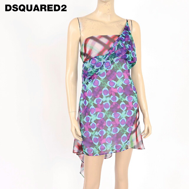ディースクエアード（DSQUARED2）レディース 御召しもの マルチ色つや系  アシメデザインプリントシフォンワンピース イタリア製 （大きさ/38）*ds0169
