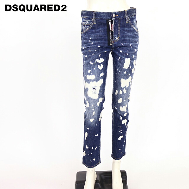 ディースクエアード（DSQUARED2）レディース クロップドジーンズ 青色系 ダメージウオッシュデニム 名取り草飛球 イタリア製 （大きさ/38）*ds1038