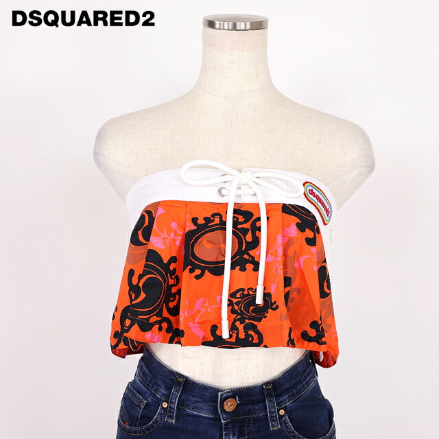 ディースクエアード（DSQUARED2）レディース ベアいの一番・熱電子管いの一番 オレンジ色系 総柄フレアーナイロンベアトップス イタリア製 （大いさ/36/38/40）*ds1080