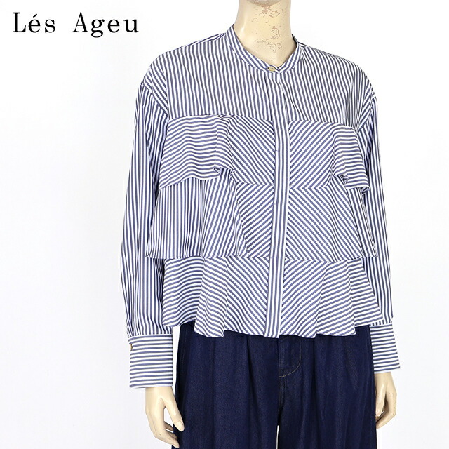 レ・アージュ（Le's Ageu）レディース 長袖シャツ ブルー系 　フリルポイントストライプスタンドカラーシャツ （サイズ/1）*ku0022