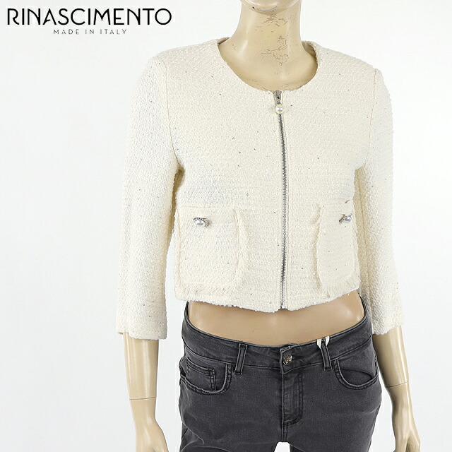 リナシメント(RINASCIMENTO)レディース ノーカラージャケット ブラック系 ツイードスパンコールノーカラージャケット ジップアップ イタリア製 (サイズ/XS)*sa0005|インポートショップeウエアハウス