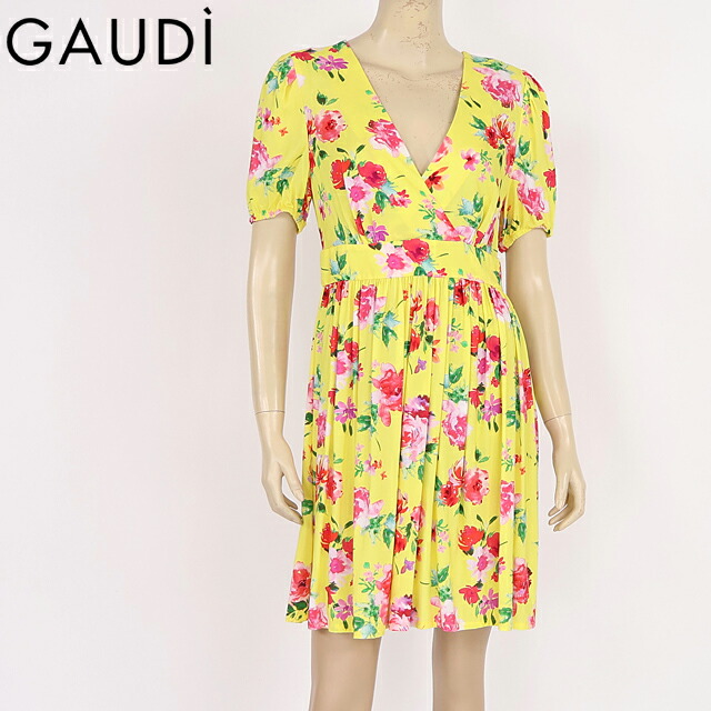 ガウディ（GAUDI）レディース 衣裳 並み並み 黄色系 フラワープリントカシュクールワンピ （大きさ/42）*uw0002