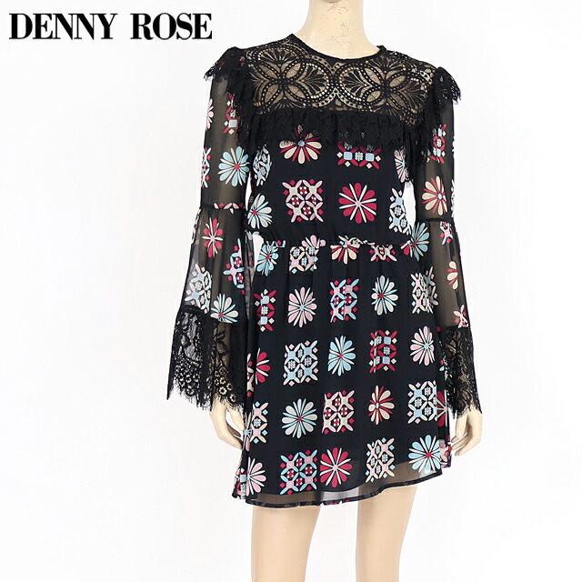 デニーローズ（DENNY ROSE）レディース 衣裳 並み並み 黒いこと系 カギ針ヨークフリルモチーフプリントワンピ イタリア製 （大きさ/40）*uw0013