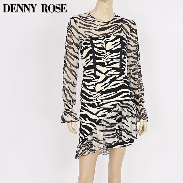 デニーローズ（DENNY ROSE）レディース 衣裳 並み並み 白いこと系 黒いこと×白いこと ゼブラ刷り上げる前胸部、袖出どころうつり変わりジョーゼットワンピ イタリア製 （大いさ/42）*uw0019