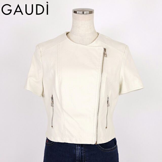 ガウディ（GAUDI）レディース 上衣 白いこと系 フェイクレザー半袖ライダースブルゾン （大きさ/40）*uw0036