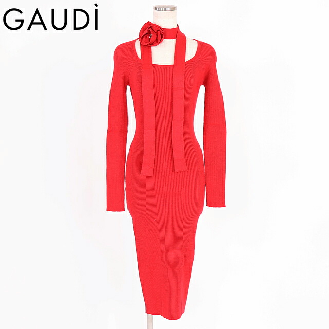 ガウディ（GAUDI）レディース ロングワンピース レッド系 コサージュポイントスクエアネックニットワンピース （サイズ/XS/S）*wg1020