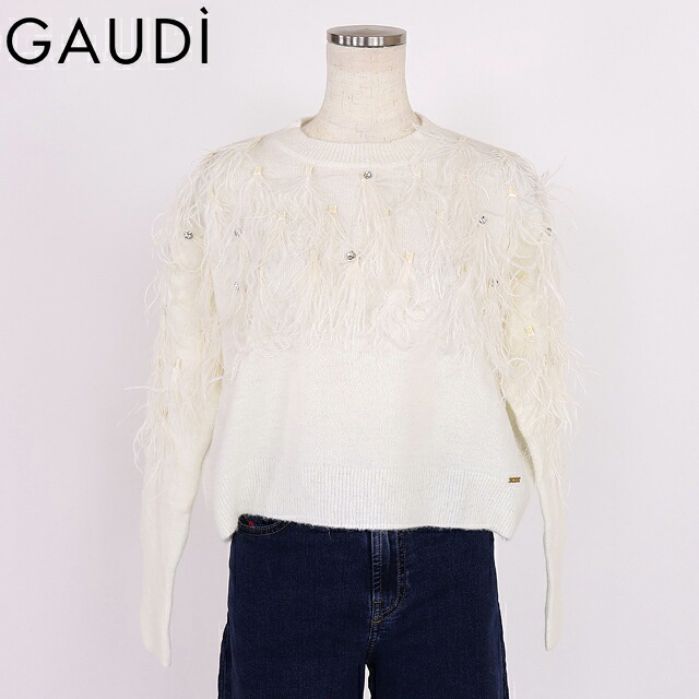 ガウディ（GAUDI）レディース 長袖ニット ホワイト系 フロントフェザーポイントクルーネックニット （サイズ/XS/S）*wg1023