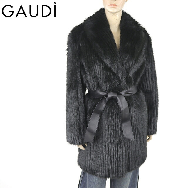 ガウディ（GAUDI）レディース 厚地の外套 黒いこと系  シャギーフェイクファーコート （大きさ/42）*yu0009