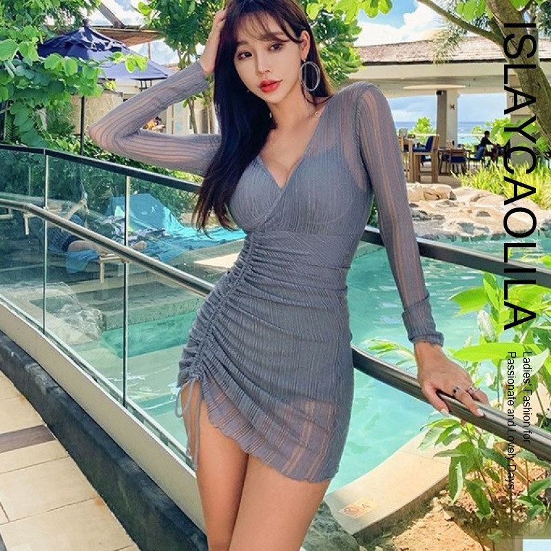 ワンピース 水着 長袖 シースルー 透け感 Vネック ギャザー リボン ビーチウエア スイムウエア レディース グレー シアー 夏 海 ビーチ プール リゾート シンプル かわいい ボディライン 大人 すっきり ぴったり フィット ワンピ セクシー キャバクラ キャバドレス ボエル