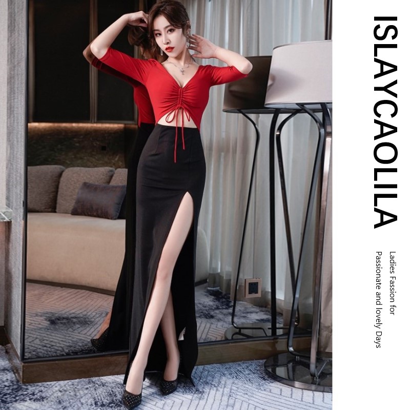 楽天市場 ワンピース ドレス ワンピ セクシー キャバ クラブ パーティー レディース タイト バイカラー 切り替え ワンピース リボン 穴開き スリット ロング マキシ 丈 パーティ ブラック レッド ベージュ スリム 美脚 上品 スタイルアップ Vネック フェミニン キャバ