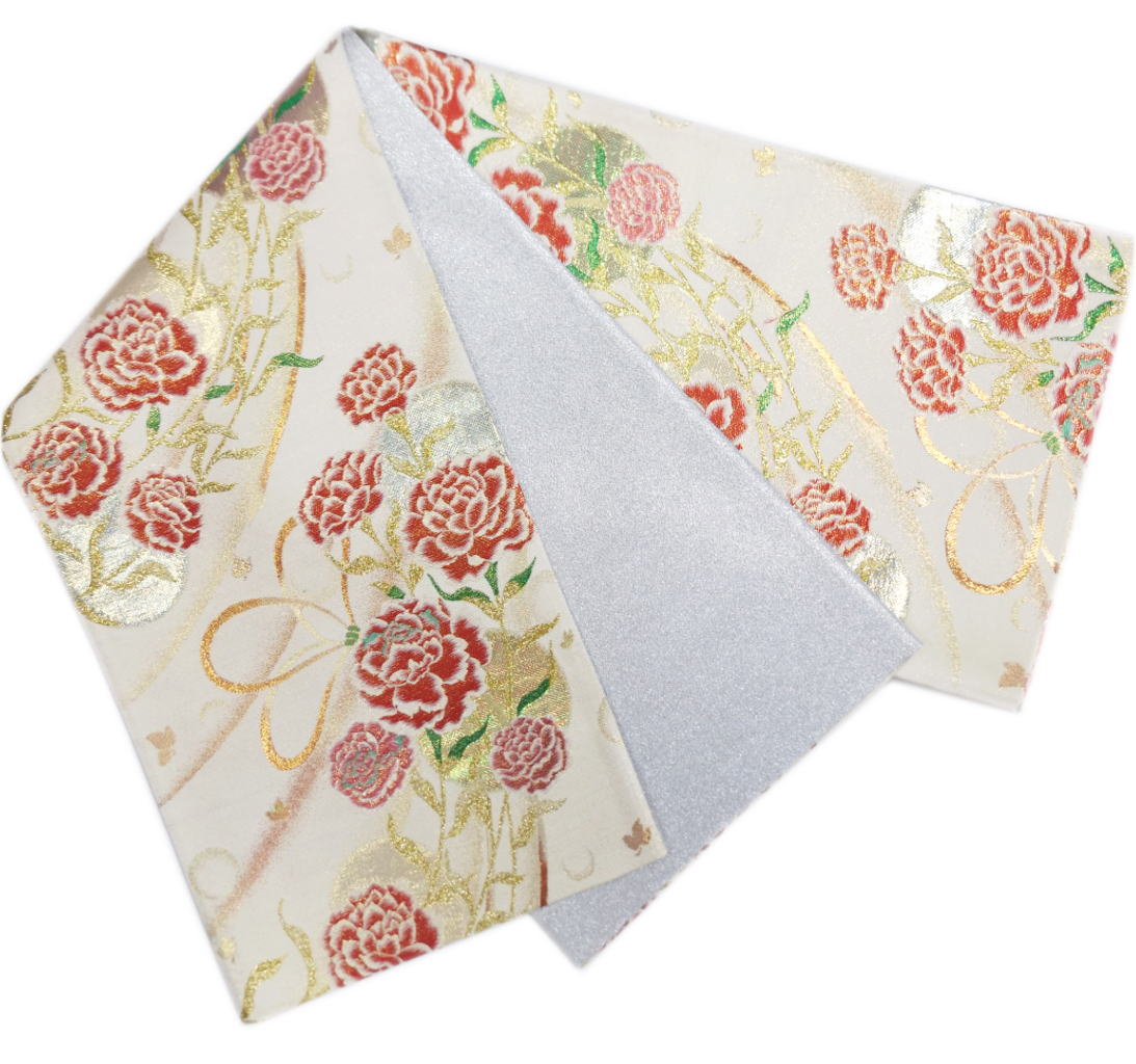 袋帯 正絹 お仕立上がり 六通柄 西陣織 オフホワイト白色地金糸入り大輪薔薇八重桜 振袖 成人式 着物 出来上がり 女性用 振袖用 薔薇柄 バラ 楽天市場】袋帯 正絹 お仕立上がり 六通柄 西陣織 オフホワイト白色地