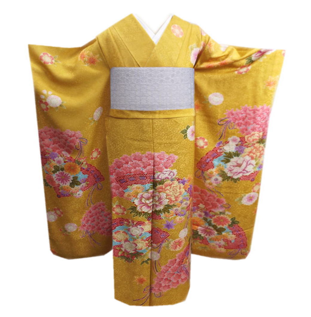 振袖 正絹 お買上 お仕立上がり 単品 ブランド 山吹色地花扇 フリー 成人式 出来上がり 購入 販売 リメイク 生地 古典柄 和柄｜和さくら庵　最新きもの＆和小物 34,450円
