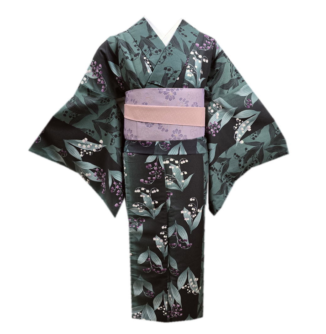 着物 洗える 袷 小紋 半巾帯 細帯 2点セット Ｈ・Ｌ 黒色地宝尽くしグレー竹林ライン フリー 女性用 カジュアル きもの プレタ 半幅帯 レディース 着物 洗える 袷 小紋 半巾帯 細帯 2点セット H・L 黒色地宝尽くし