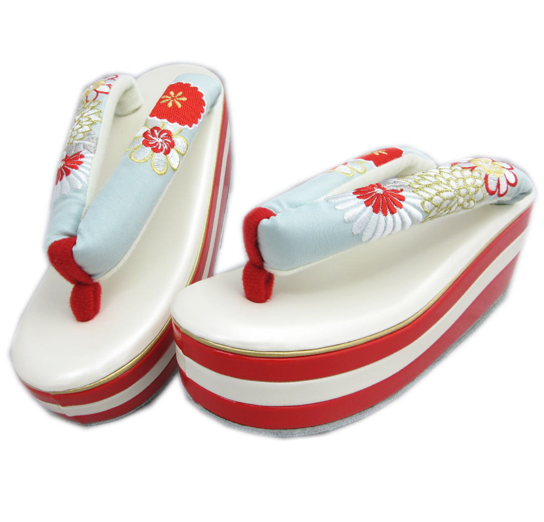 楽天市場】草履 ぞうり 厚底ヒール 白色赤台 淡水色地金糸入り古典花