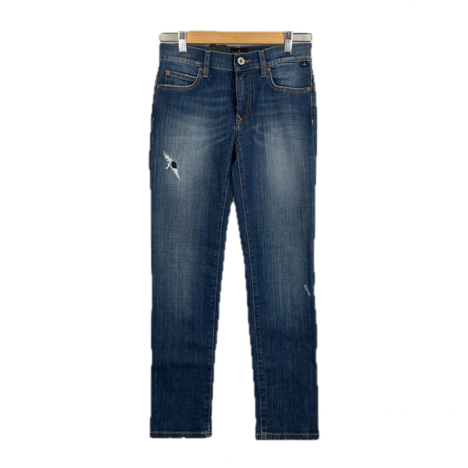 未当て嵌める品 Vivienne Westwood ヴィヴィアンウエストウッド オーブ刺しゅう テーパード 無地 オール時節 ジーンズズボン下 綿織物 インディゴブルー レディース 25 不都合ジーンズ【古着】【中古】【貨物輸送無料】