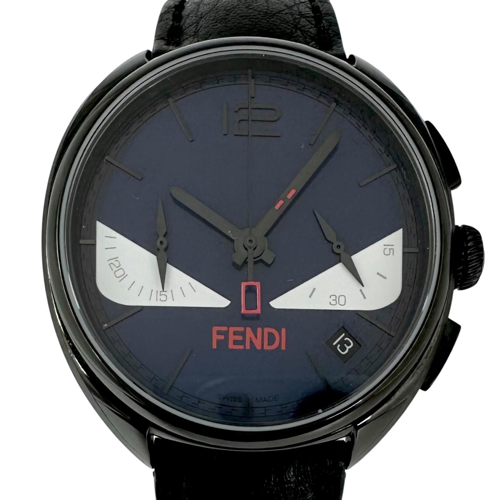 美品 FENDI フェンディ モンスター バグズ 21200G 腕時計 ステンレススチール/レザー ブラック クォーツ ダークネイビー文字盤 メンズ【中古】【送料無料】