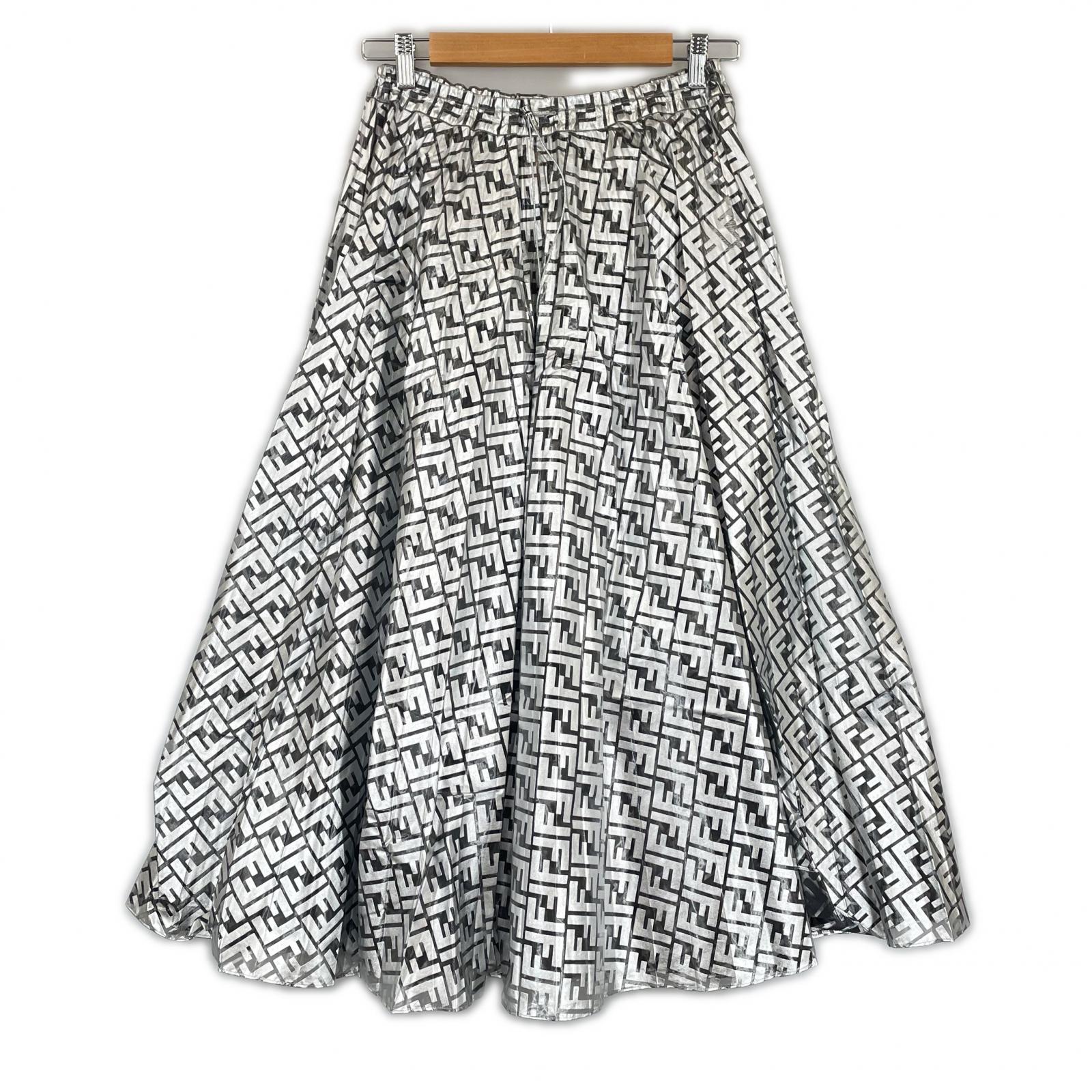 美品 FENDI フェンディ ニッキーミナージュ 春夏 SS ロングスカート ナイロン シルバー レディース 38【古着】【中古】【送料無料】